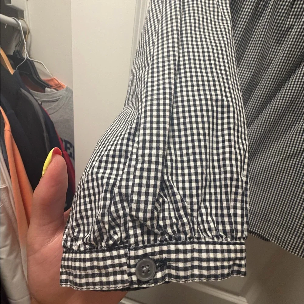 J. Crew Black and White Gingham Square-Neck Puff Sleeve Blouse